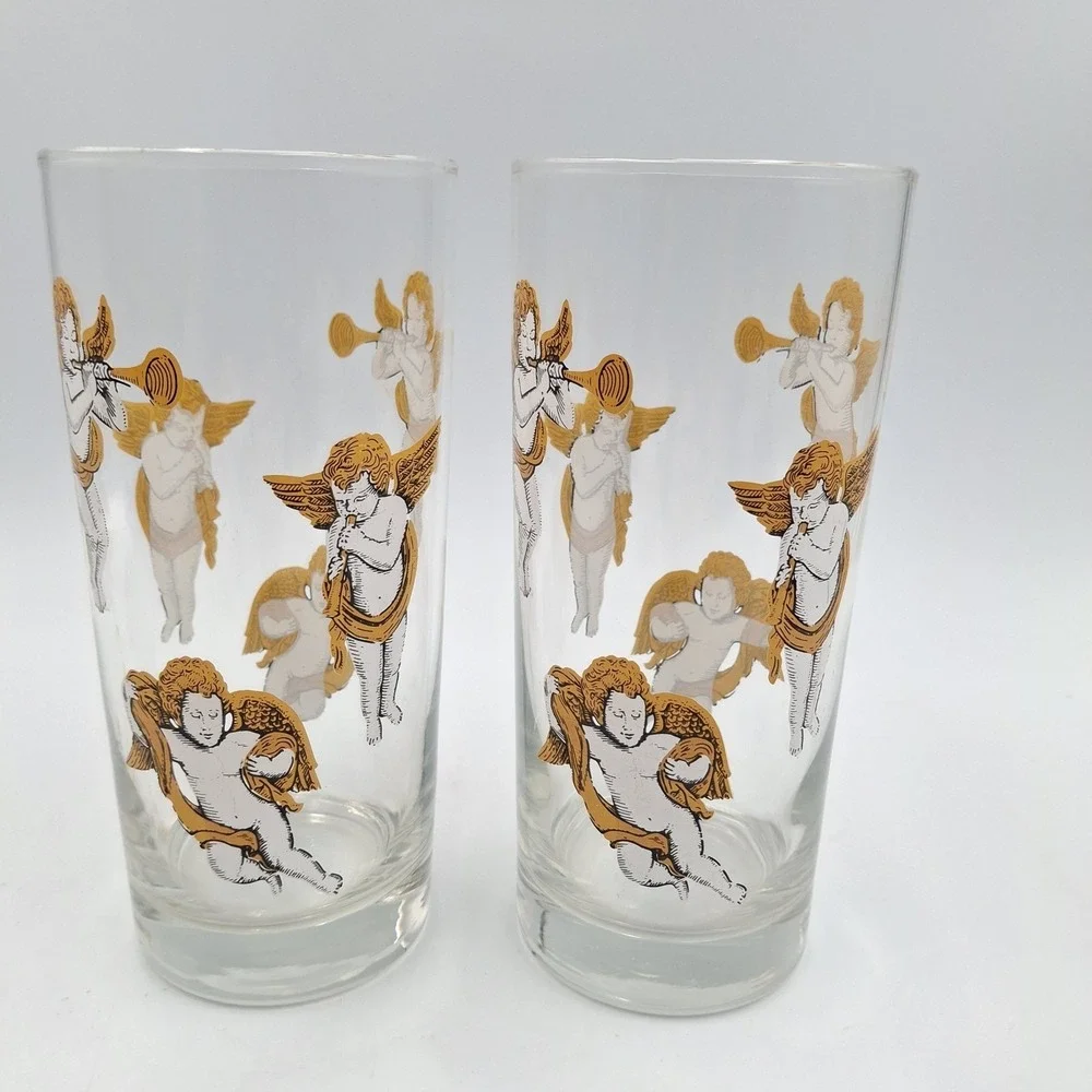 Vintage Culver Tall Cooler Barware Glasses Cherubs & Stars Set of 2 Made In USA